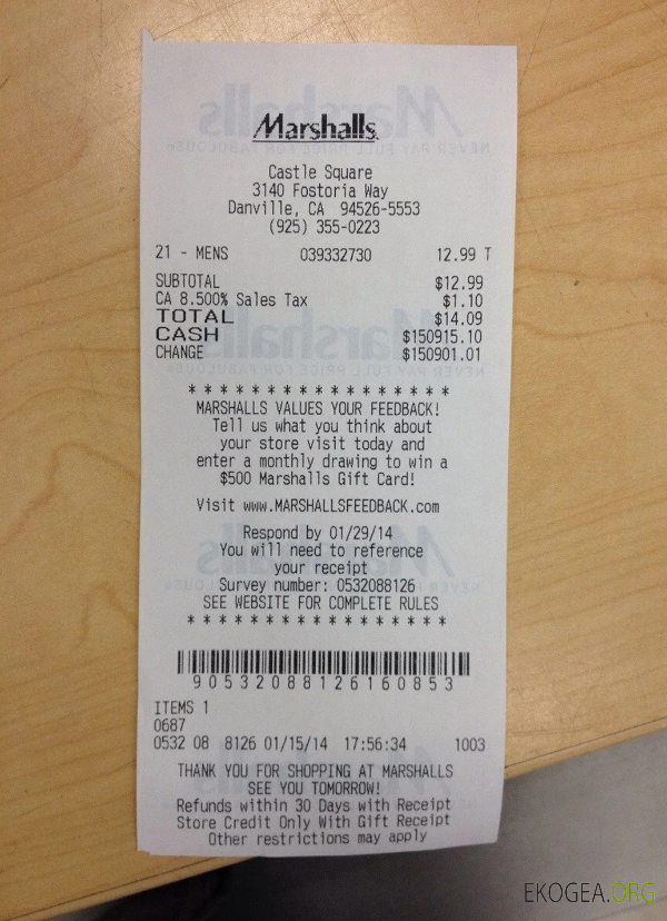 Chèque de paiement du magasin Marshalls